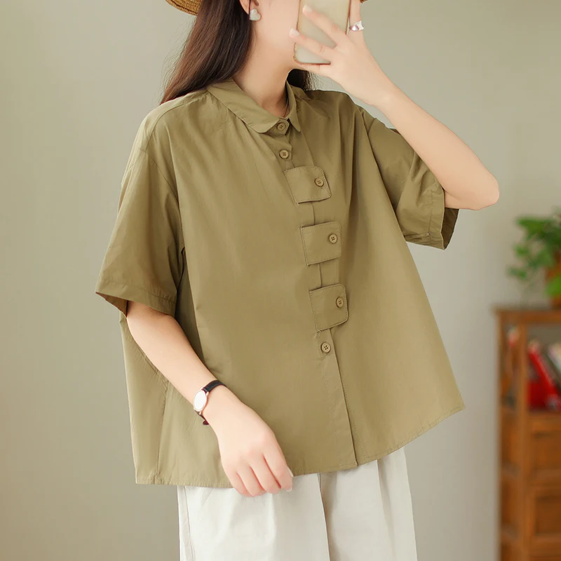 Corte holgado Color puro abotonada ort Sve irt para mujer diseño de verano versátil Casual algodón irt ropa de oficina de moda