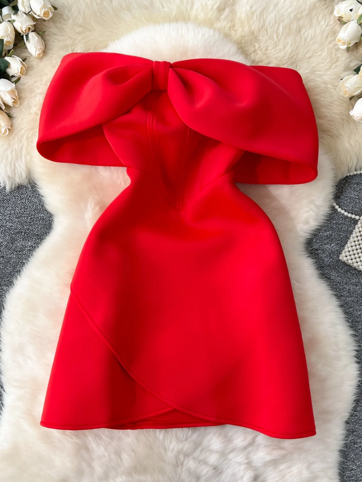 Ele  Knot Design Women's Par Dr High Waist A-Line Skirt Slimming Gown Korean Sle Long Sve Mid-Length