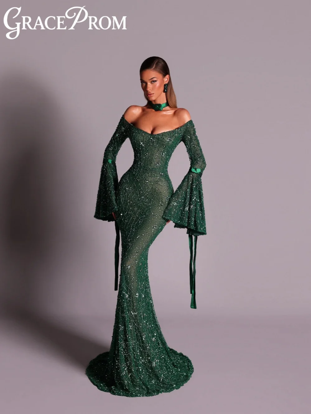 

Изысканное зеленое вечернее платье с бисером, потрясающее свадебное платье длиной до пола с расклешенными рукавами, платья для выпускного вечера русалки по индивидуальному заказу