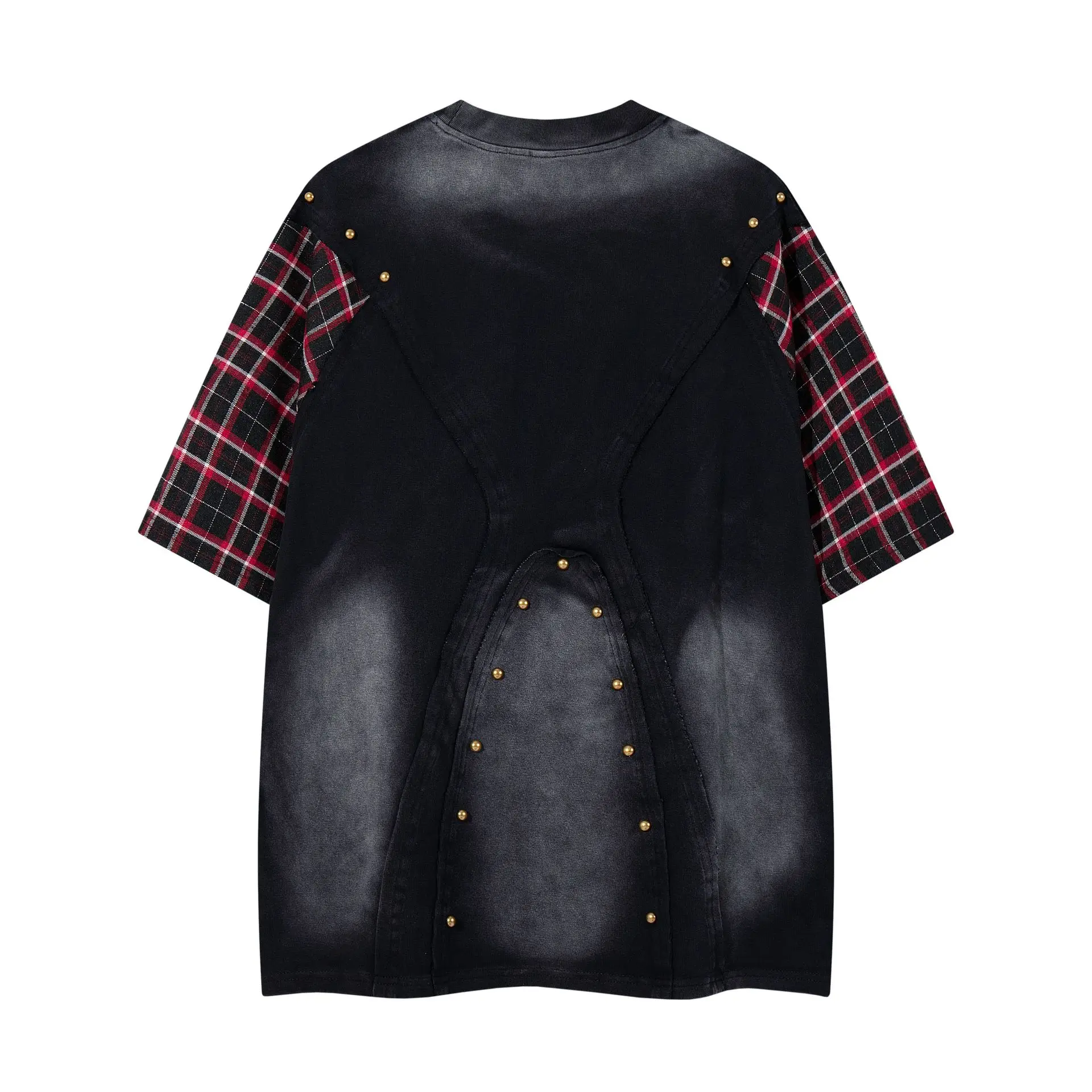 Men Fashion Hip Hop T Shirts With Rivets High Street Vintage Vibe Style Tees With Plaid Patchwork Retro Summer Short Sleeve Tops