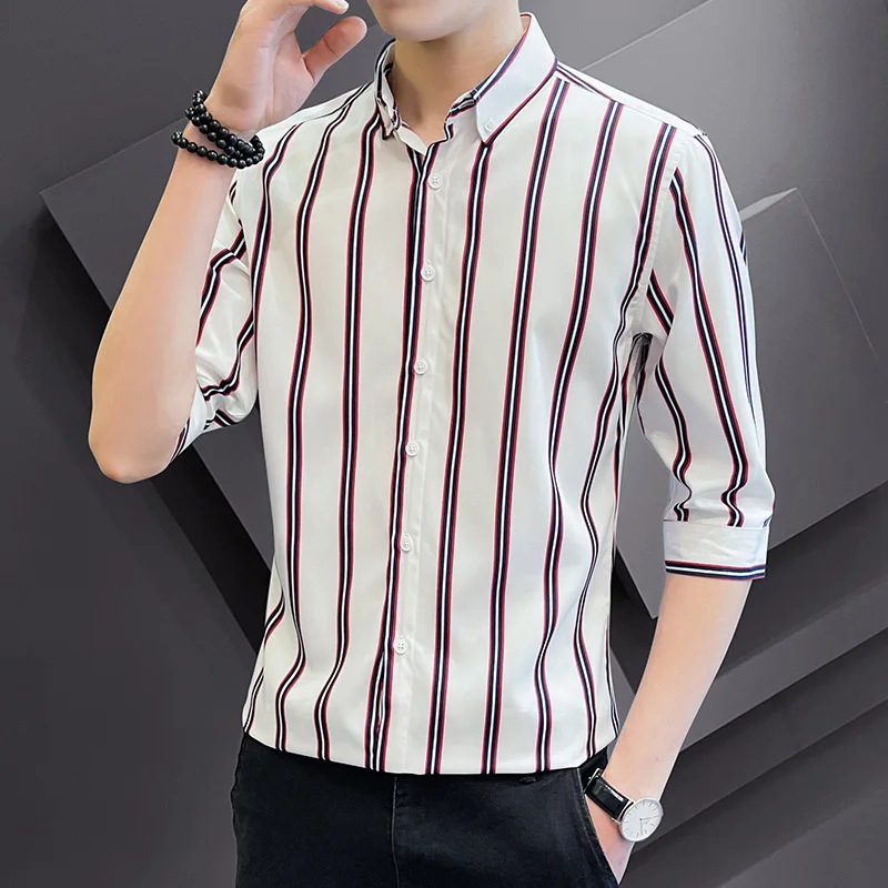 

Summer Men's Short Sleeve Vertical Stripe Shirt Oversized Business Slim Casual Top Fashion Versatile Flip Collar Workwear Shirt