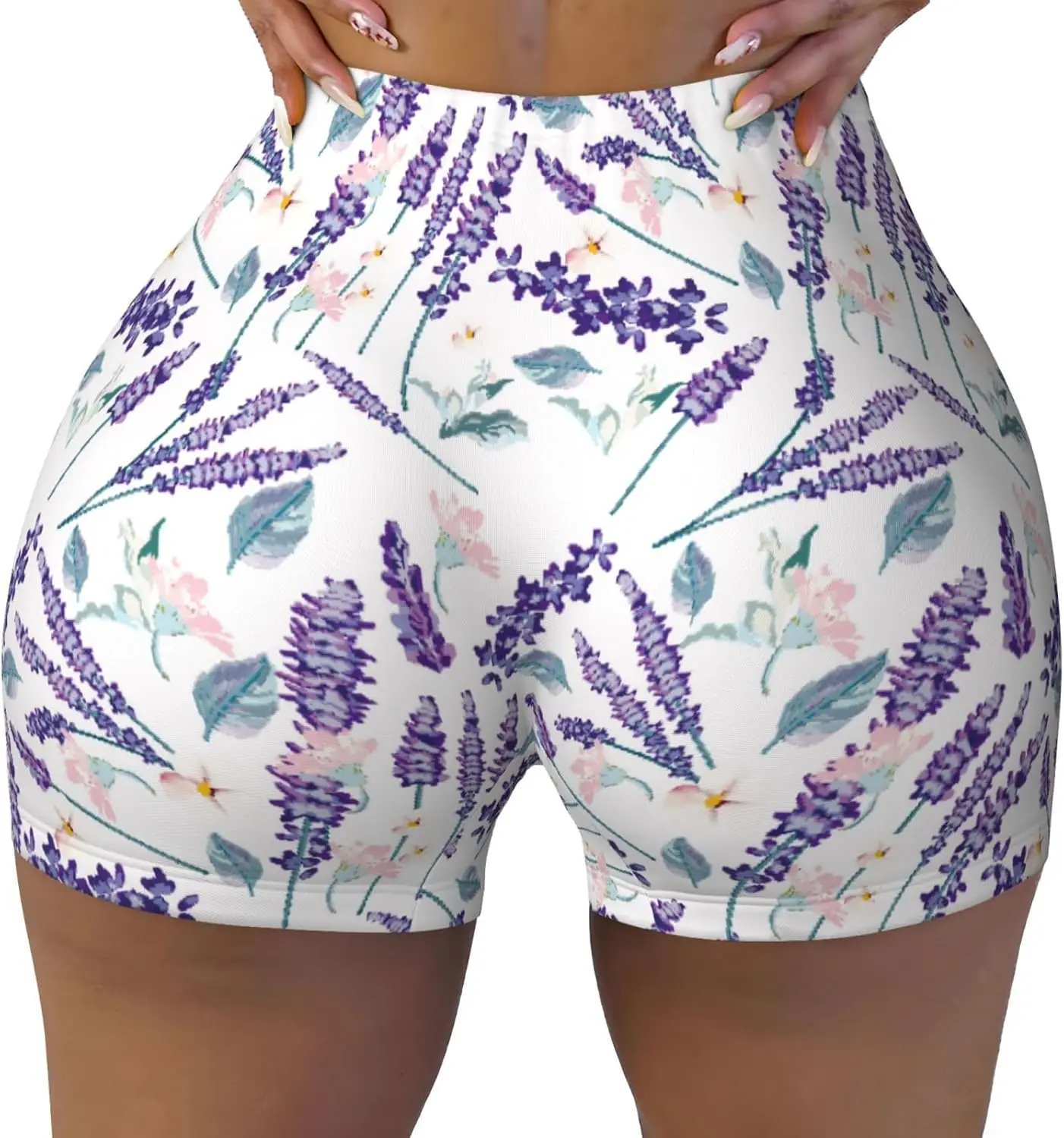 شورت نسائي للتمرين مطبوع عليه زهور اللافندر، شورت رياضي للجري واليوجا وصالة الألعاب الرياضية وممتص للرطوبة #2