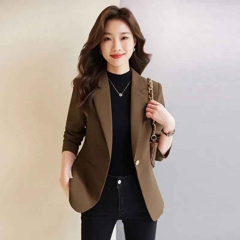 High-End Coffee Suit Jacket Ladies Blazer Tops 2024 New Spring Autumn Leisure Coat 1 Button Slim Suit Coat Casaco Feminino