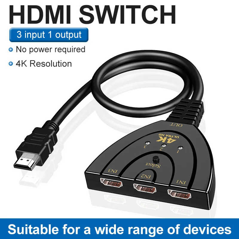 4K HDMI Switch Cable Adapter HD Video Switcher 3 Input 1 Output Port Hub For PC TV Xbox PS3 PS4 Projector Monitor Splitter