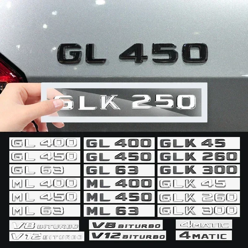 

Car 3D logo Glossy Black Trunk Letters Number Badge ABS Emblems for Mercedes Benz GLK300 GL400 ML450 ML63 GL63 V8 Bitrubo 4MATIC
