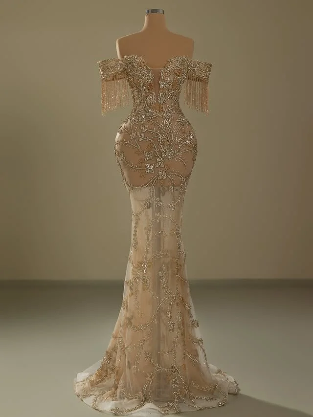 Champagne Beading Tassel Evening Dress Off-The-Shoulder Rhinestone Embroidered Dress Ball Gown Sheer Tulle Dress New Parties
