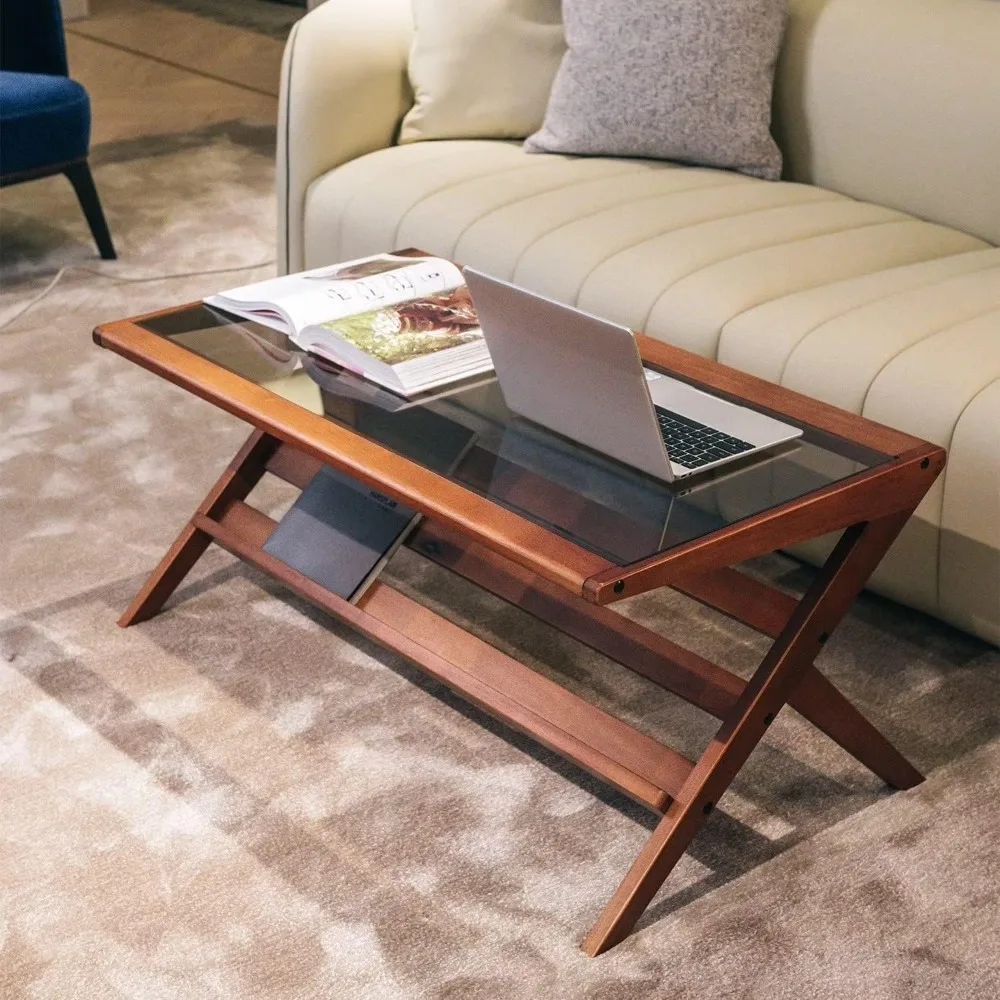 Coffee Table for Living Room, Boxwood-Frame & Tempered Glass Top, Mid Century Modern Coffee Table