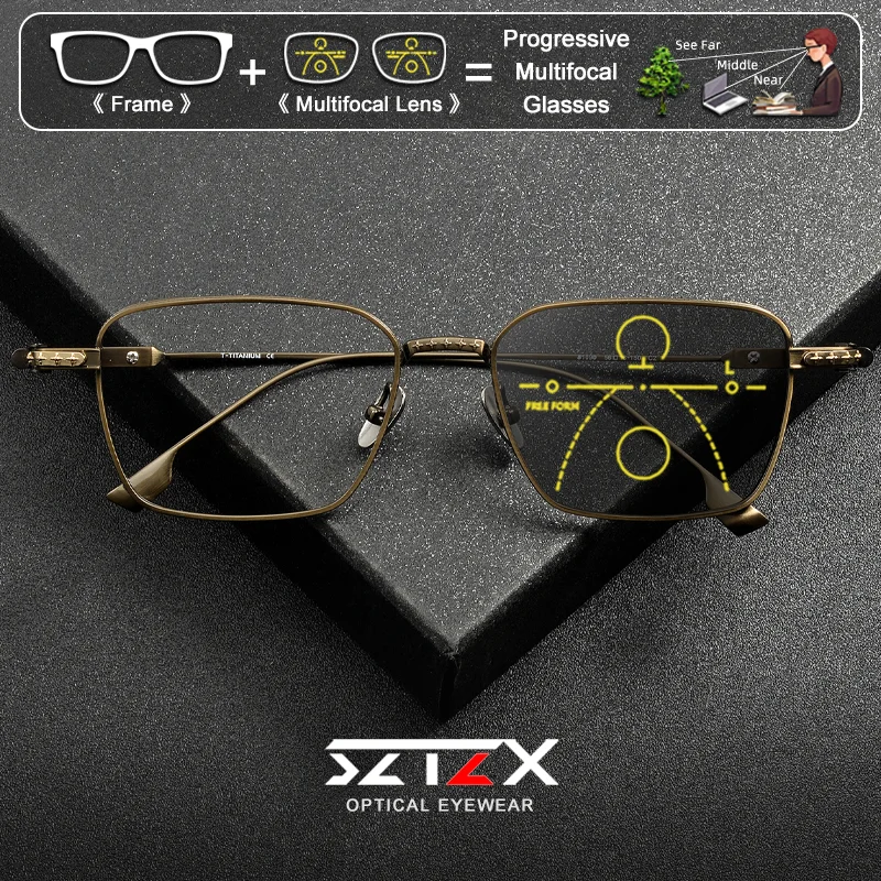 SZTZX Classic Currents Oversize Square Frame Prescription Glasses Titanium Men Anti Blue Ray Photochromic Progressive Eyeglasses