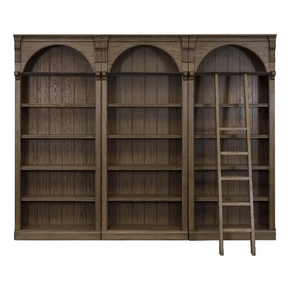 Traditional 8' Wood Bookcase Wall With Ladder Office Storage Brown, Customized