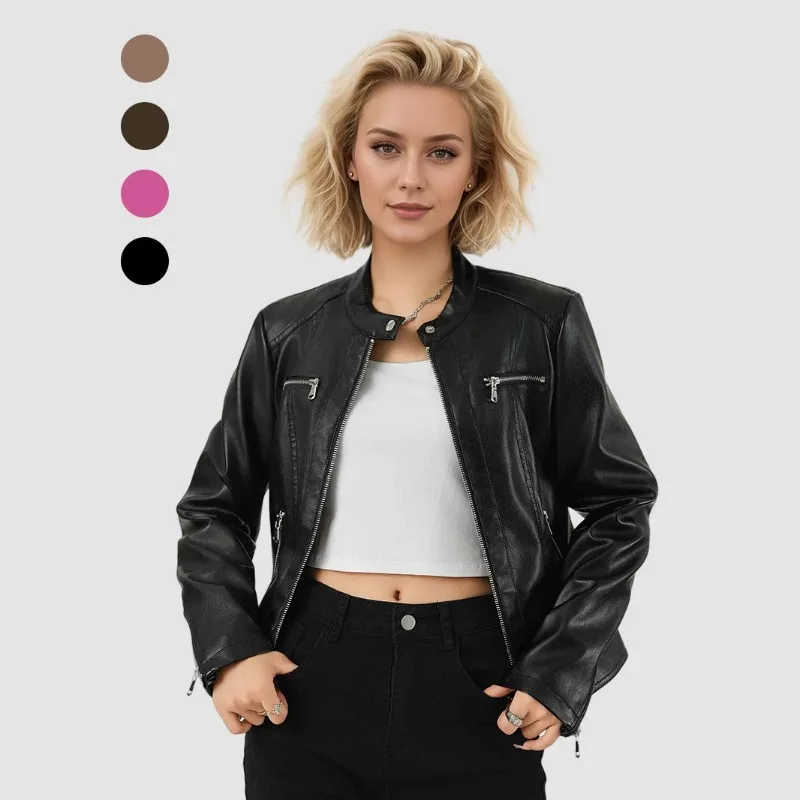 Cross-border European and American Jackets Motorcycle PU Leather Jackets Women's Leather Coats Women's Outerwear Slimming Coat