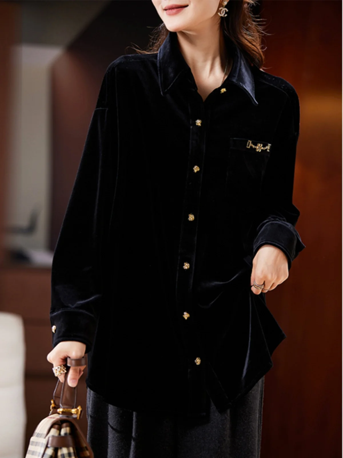 Ele Velvet irt Women's Autumn Winter New Faion Patchwork  Collar Long Sve Mid-Length Korean Sle Polyester