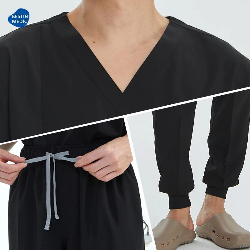 Bestin noir médecin infirmière gommage ensemble Polyester Spandex femmes hommes chirurgien tenue dentiste vêtements animaux de compagnie hôpital uniformes S21