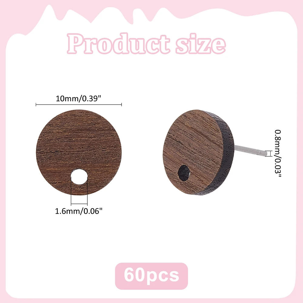 60Pcs Wood Earring Findings Flat Earring Posts Walnut Wood 10mm Studs Ear Findings Flat Round Ear Posts with Loop Pin Studs