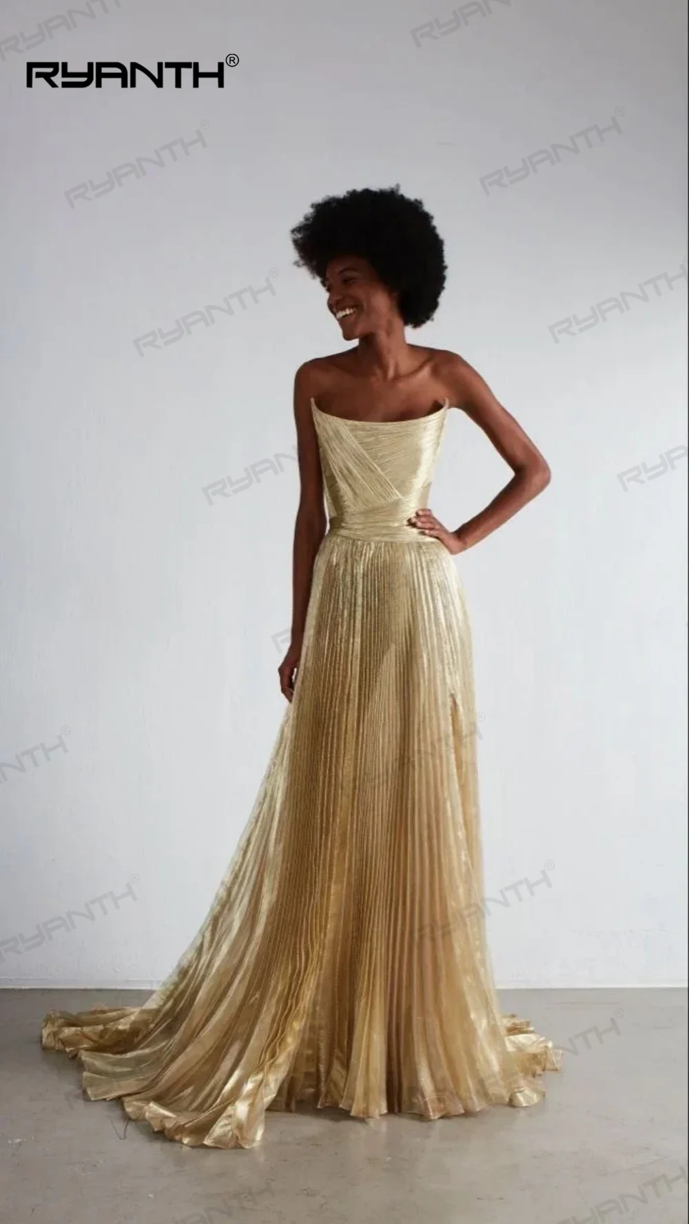 Glamours Gold Pleated Prom Dresses Strapless A Line Side Slit Formal Occasion Dress 2024 فساتين من Dresses Sweetheart Party Gown