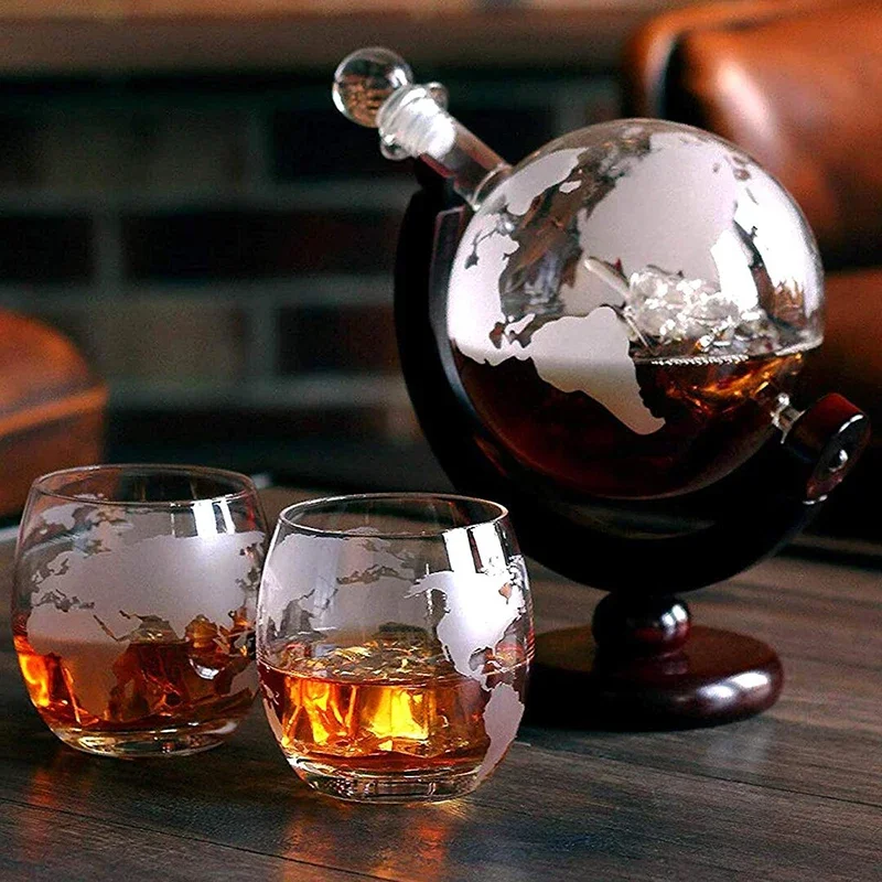 Creative Globe Decanter Set with Lead-free Carafe Exquisite Wood-stand and 2 Whisky Glasses Whiskey Decanter Globe Grade Gift