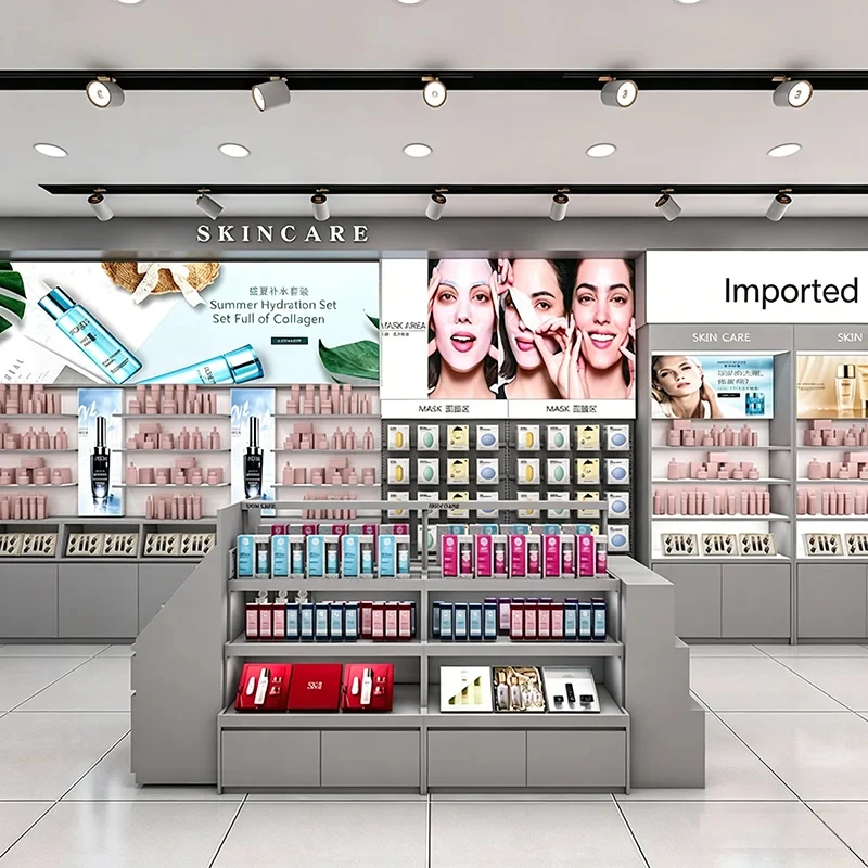 custom.Cosmetics Skin Care Product Display Cabinet Beauty Shop Shelf Cabinet Wooden Baking Varnish Mid Island showca