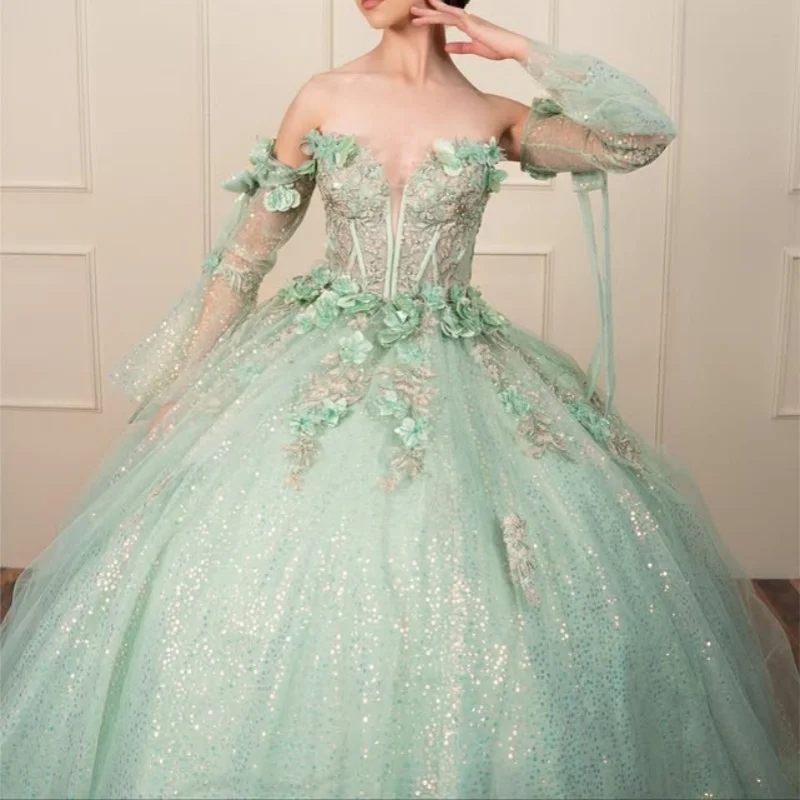 

Shiny Mint Green Quinceanera Dress off-shoulder crystal 3D flower glitter Decal Long tail Vestidos De 15 Quinceanera ﻿Customize