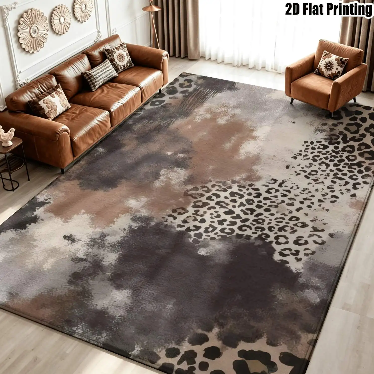 1Pc 2D Printed Brown-Grey Leopard Abstract Art Carpet, Nordic/Instagram/Modern Minimalist/European Vintage Style Floor Mat, Home Decor, Multi-Size, Machine Washable, Suitable for Entrance/Dining/Foyer/Living/Bedroom