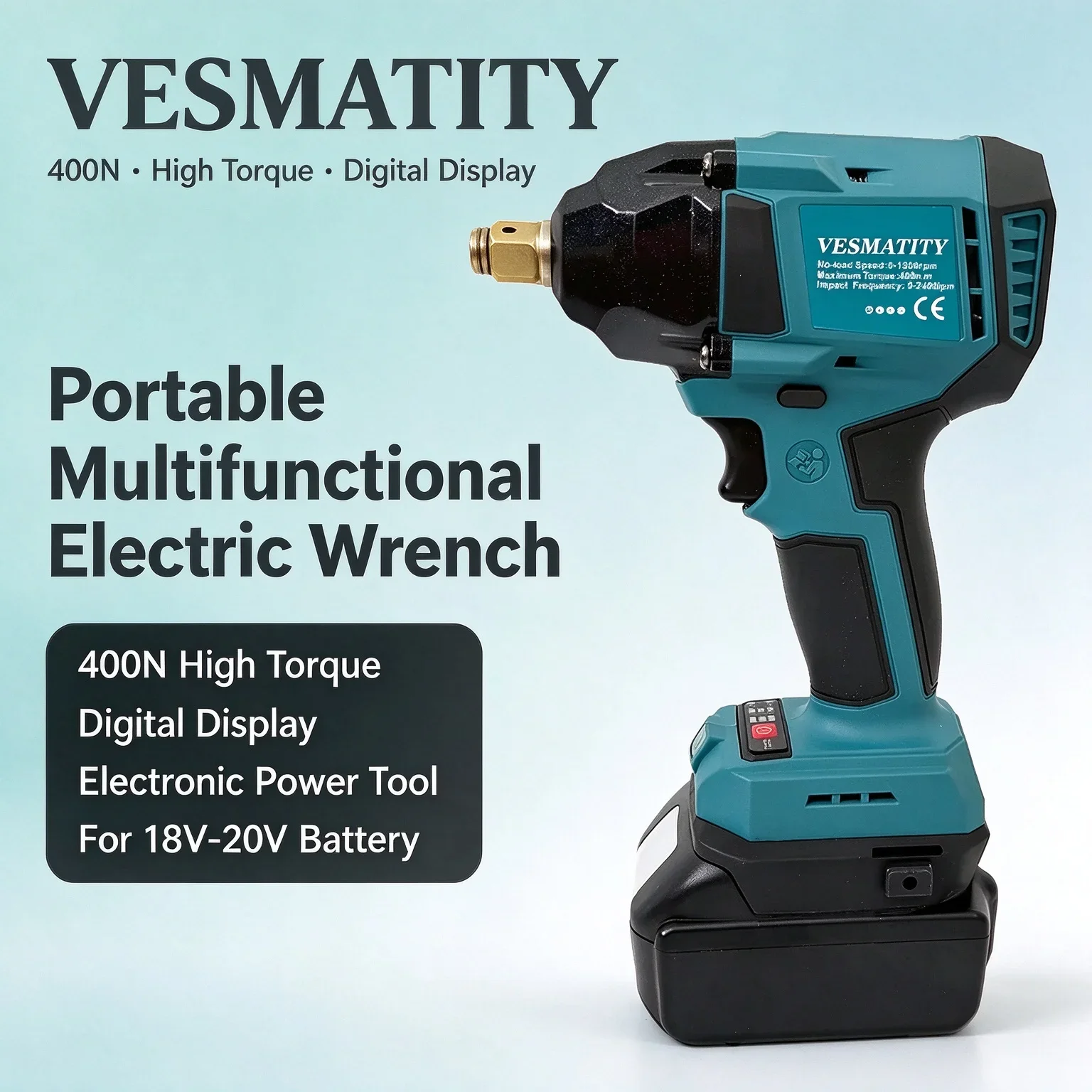 Portable Multifunctional Electric Wrench 400N High Torque with Digital Display Electronic Power Tool For 18V-20V Battery