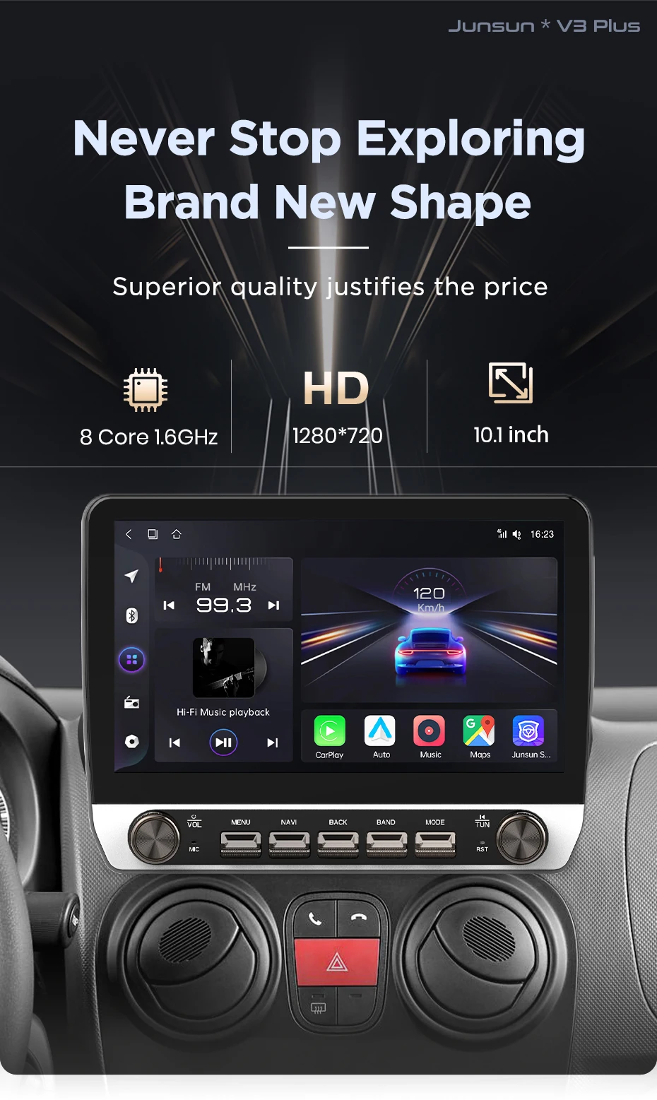 Junsun 10,1-Zoll-Autoradio für Fiat Fioririno für Bipper 2008-2017, kabelloses CarPlay, Android Auto, intelligente Systeme, IPS-Touchscreen mit physischen Tasten, DSP, GPS-Navigation, WLAN, DAB+, RDS, FM/RAM, BT, SWC, Plug-and-Play, 2DIN-Multimedia-Player – Detail 3