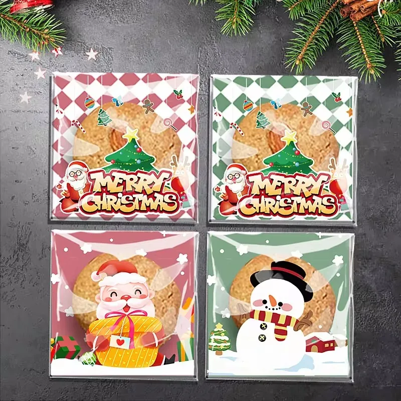 100pcs Christmas Cookie Candy Bags Self Adhesive Gift Packaging Biscuit Snack Bag New Year 2025 Noel Navidad Xmas Party Decor