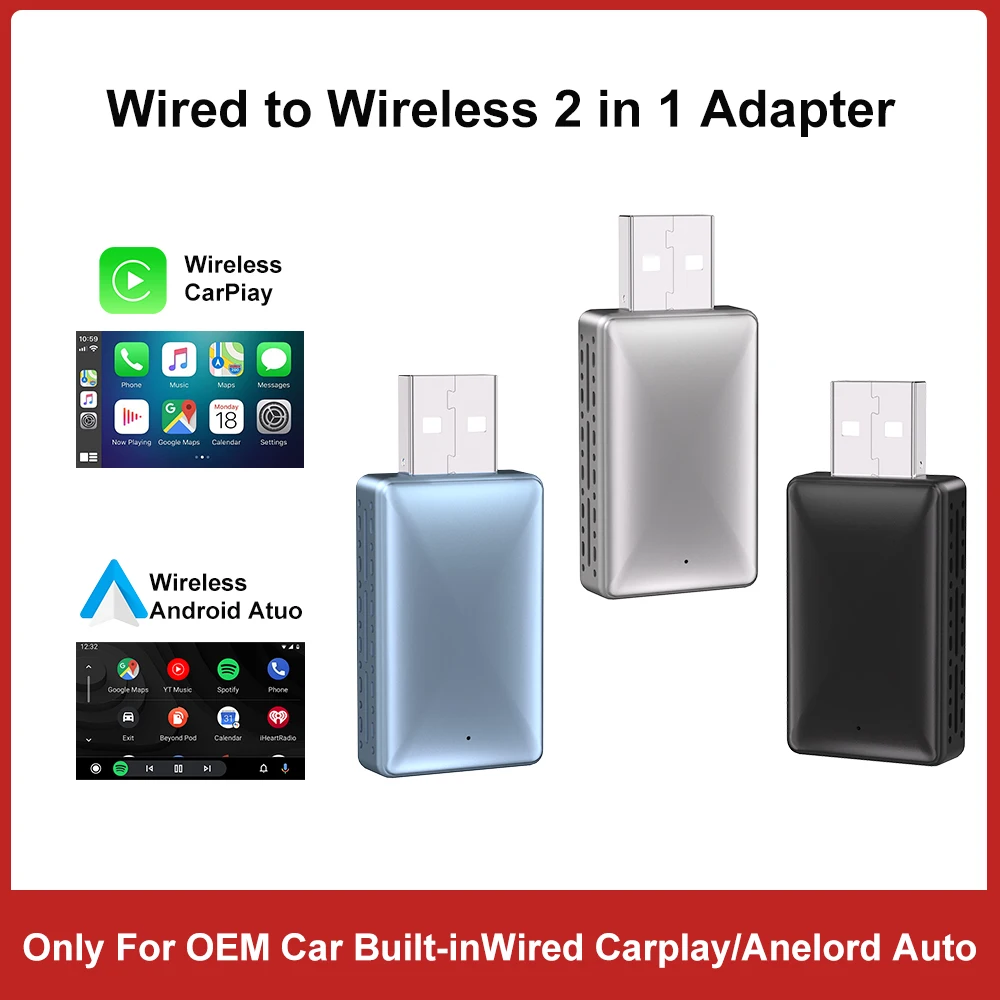 

Новый беспроводной адаптер CarPlay 2-в-1, проводной к беспроводному ключу для Apple и Android Auto Plug and Play, универсальный автомобильный аксессуар