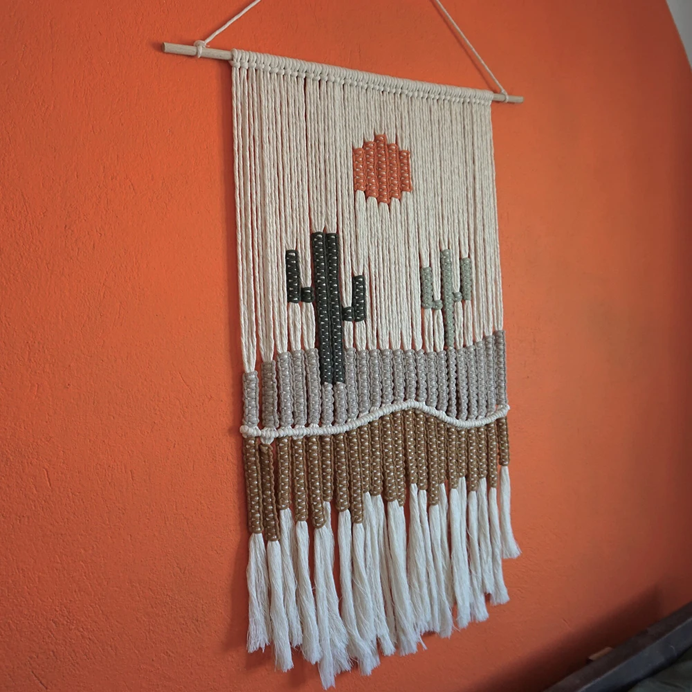 

Macrame Mountain Art Wall Hanging, Sunset Desert Landscape Woven Decor, Southwestern Cacti Wall Art, Handmade Weaving Home Decor