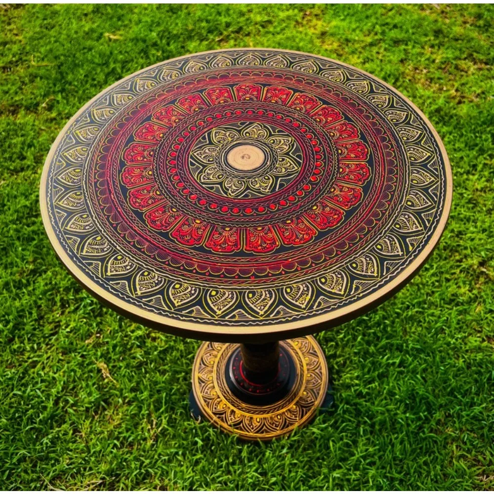 XMSJ Colorful Painted Coffee Table, Wood Round Center Table, Mid Century Side Table, Handmade Portable Moroccan Furniture Gifts