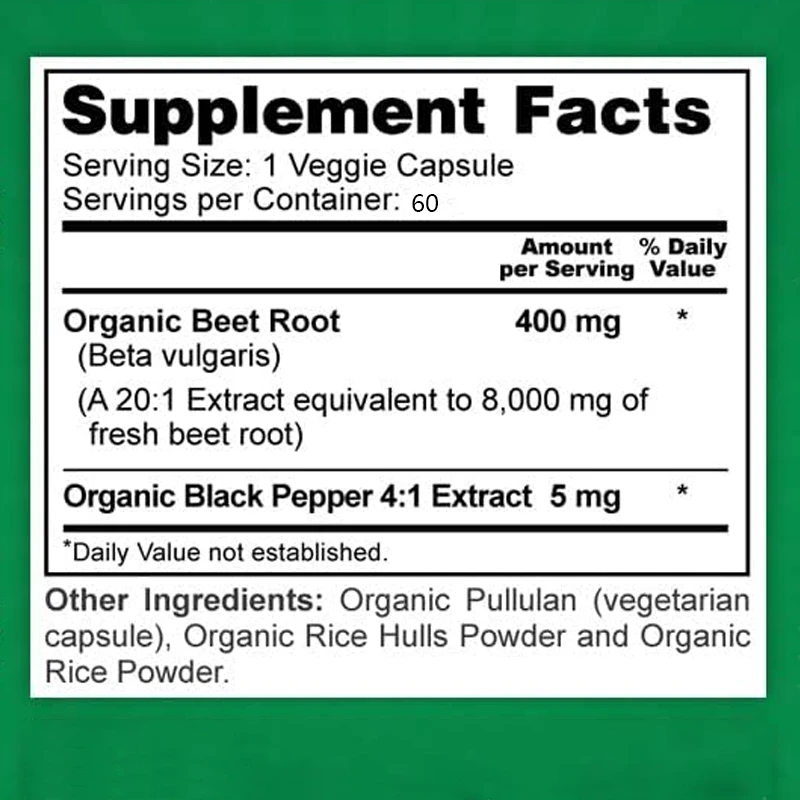 Organic beetroot 8000 mg strength 20:1 extract, black pepper extract enhances absorption, non GMO