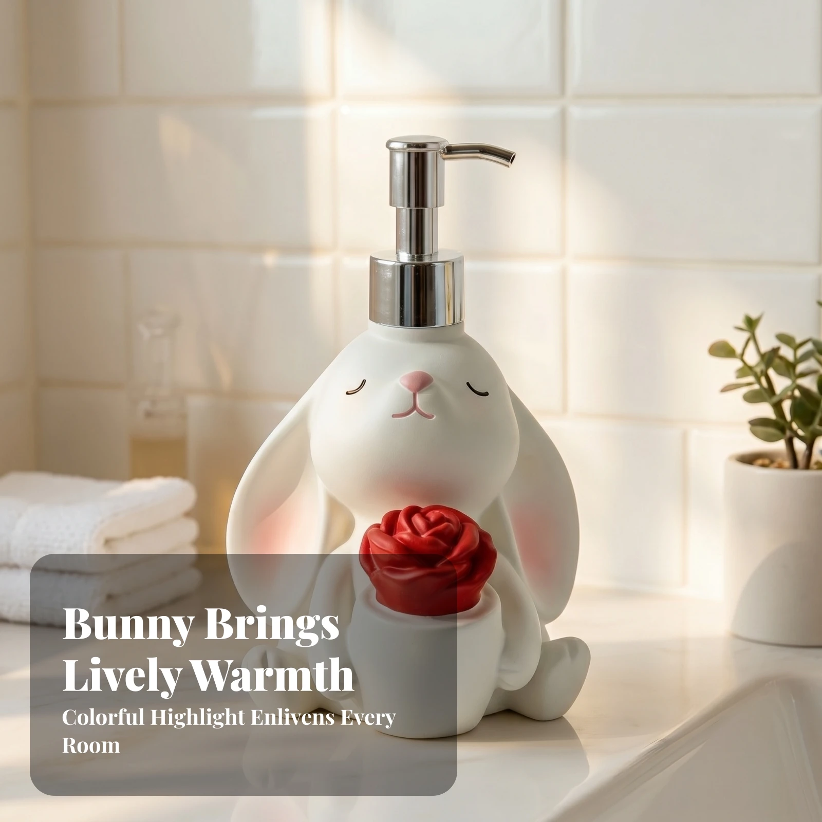 

Bunny Pump Bottle Flower Detail Tabletop Bunny Dispenser Household Item Ceramic Look