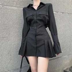 Black Shirt Dress Women Elegant Vintage Long Sleeve Pleated Dress Sexy Gothic Y2k Turn Down Collar Casual Mini Vestidos