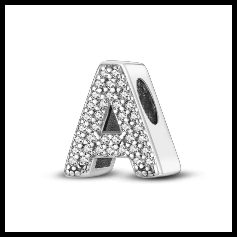 925 Sterling Silver 26 English Letters Charms Pendant with Cubic Zirconia, Fit DIY Bracelet Necklace Gift for Her, Colgante Plat