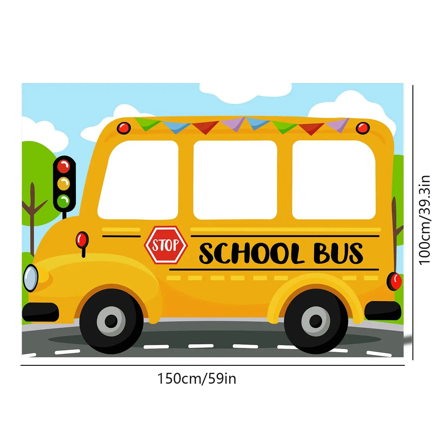 1.5 * 1M school bus showing face, welcome back to school background fabric, back to school season, school classroom decoration