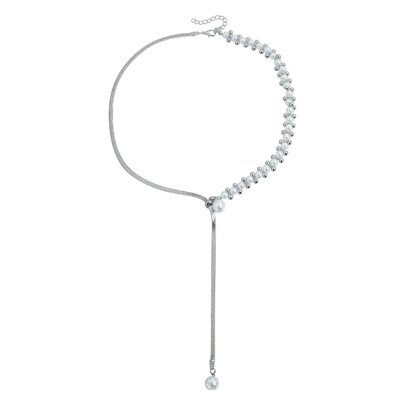 F2TD Versatile Y Necklace Featuring Simulated Pearls And Delicate Snake Chain Suitable For Casual Or Formal Outfits