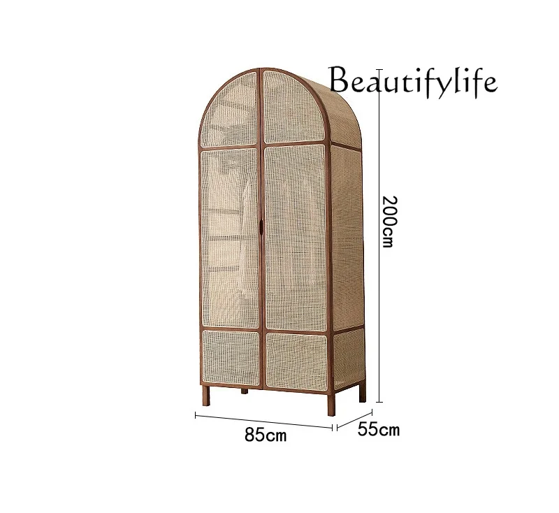 

vV Nordic medieval style solid wood rattan wardrobe small apartment homestay vaulted dome casement door wardrobe