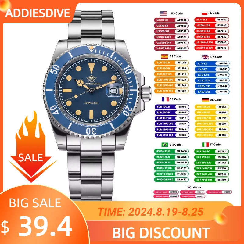 ADDIESDIVE NEW 41mm Dive Quartz Watch Stainless Steel Calendar Display Watches 200M Waterproof C3 Luminous WristWatches For Men