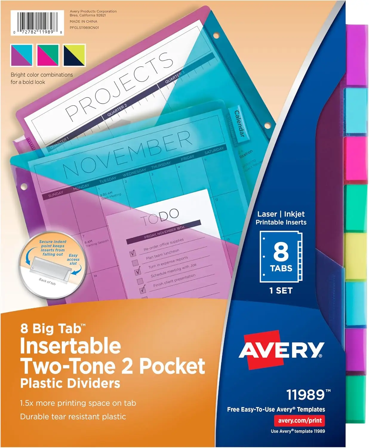 

8 Tab Plastic 2 Pocket Dividers for 3 Ring Binders, Tear-Resistant, Works with Sheet Protectors, Bright Two-Tone Multicolor, 24