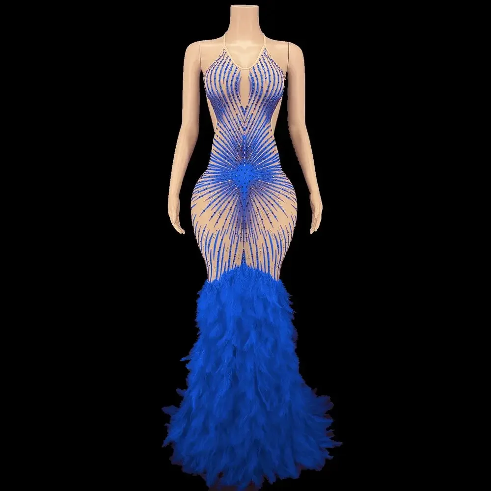 

Sparkly Rhinestones Feathers Long Dress Sexy Backless Mesh See Through Celebrate Birthday Dress Performance Costume Stage Wear