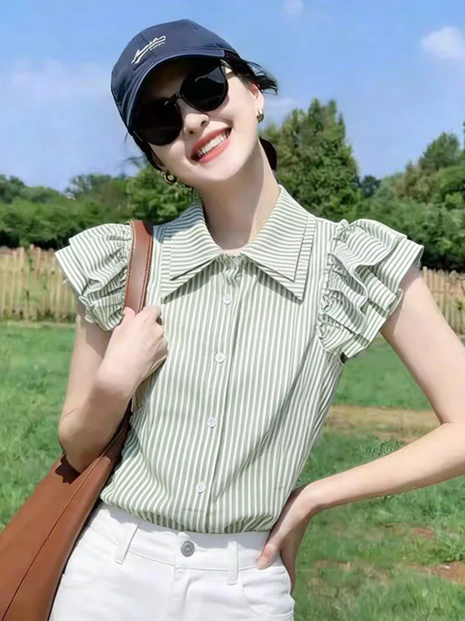 

French Style Striped Fly Sleeve Shirt Women's Summer New Unique Design Small Audience Top Polyester Fiber Loose Fit Short Sleeve