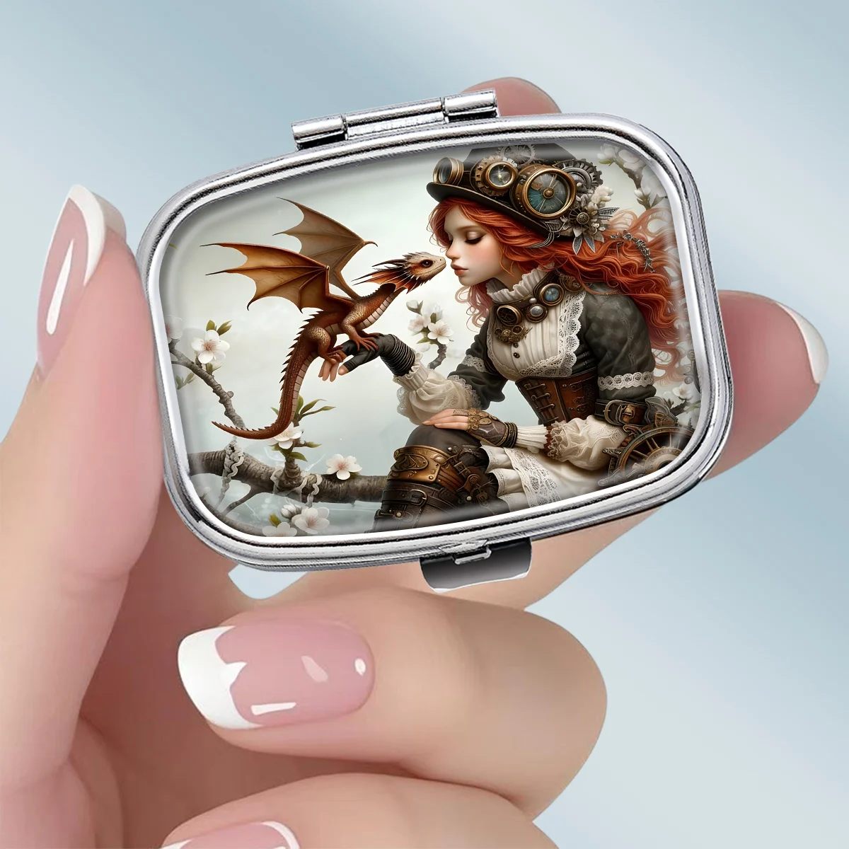 1PC Steampunk Fantasy Illustration Pattern Square 2-Compartment Pill Box - Portable Medicine and Vitamin Storage Box, suitable for hand-carrying or travel use, unique small gift, wallet pill box