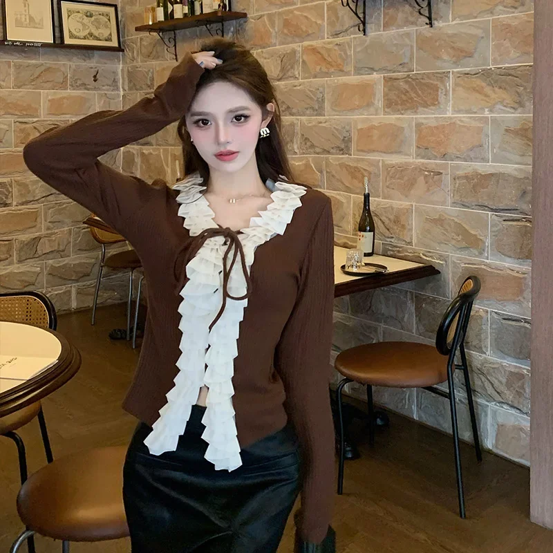 Autumn Winter Chic Ruffled Neck Drawstring Slim Tops Women Fashion  Knitted Pullovers Vintage Elegant Commute Sweaters