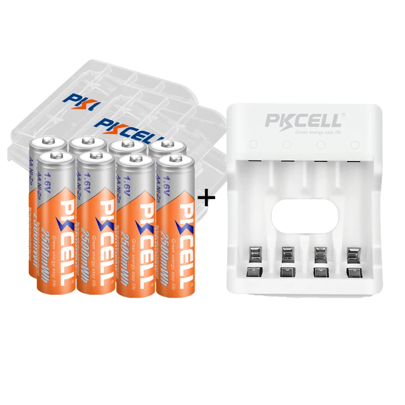 

8PC PKCELL 1.6V Ni-Zn AA Rechargeable Batteries 2A 2500mWh AA NIZN Battery with NIZN Battery Charger for AAA/AA Batteries