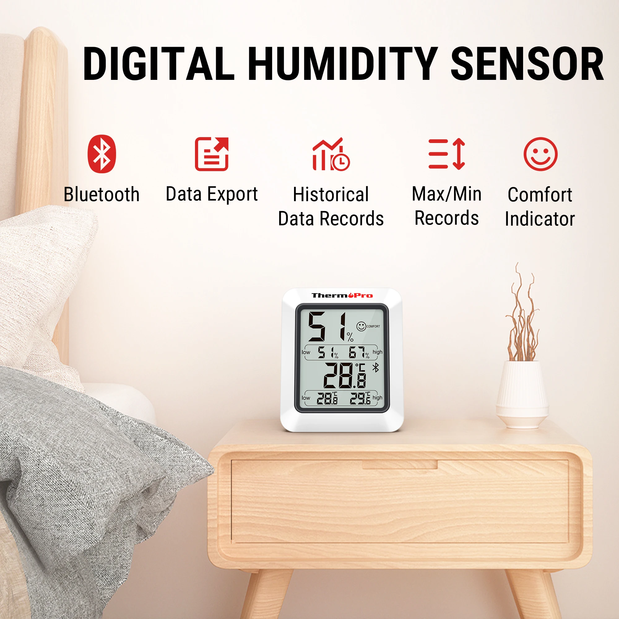 ThermoPro TP350 260FT Smart Bluetooth Digital Hygrometer, Office/Bedroom Hygrometer with Data Logging and Comfort Indicators