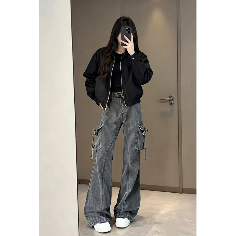 

American Sle Cement ey Deconstructed Flared Men's Jeans Waed Knife Straight Workwear Trousers mid Waist Zipper