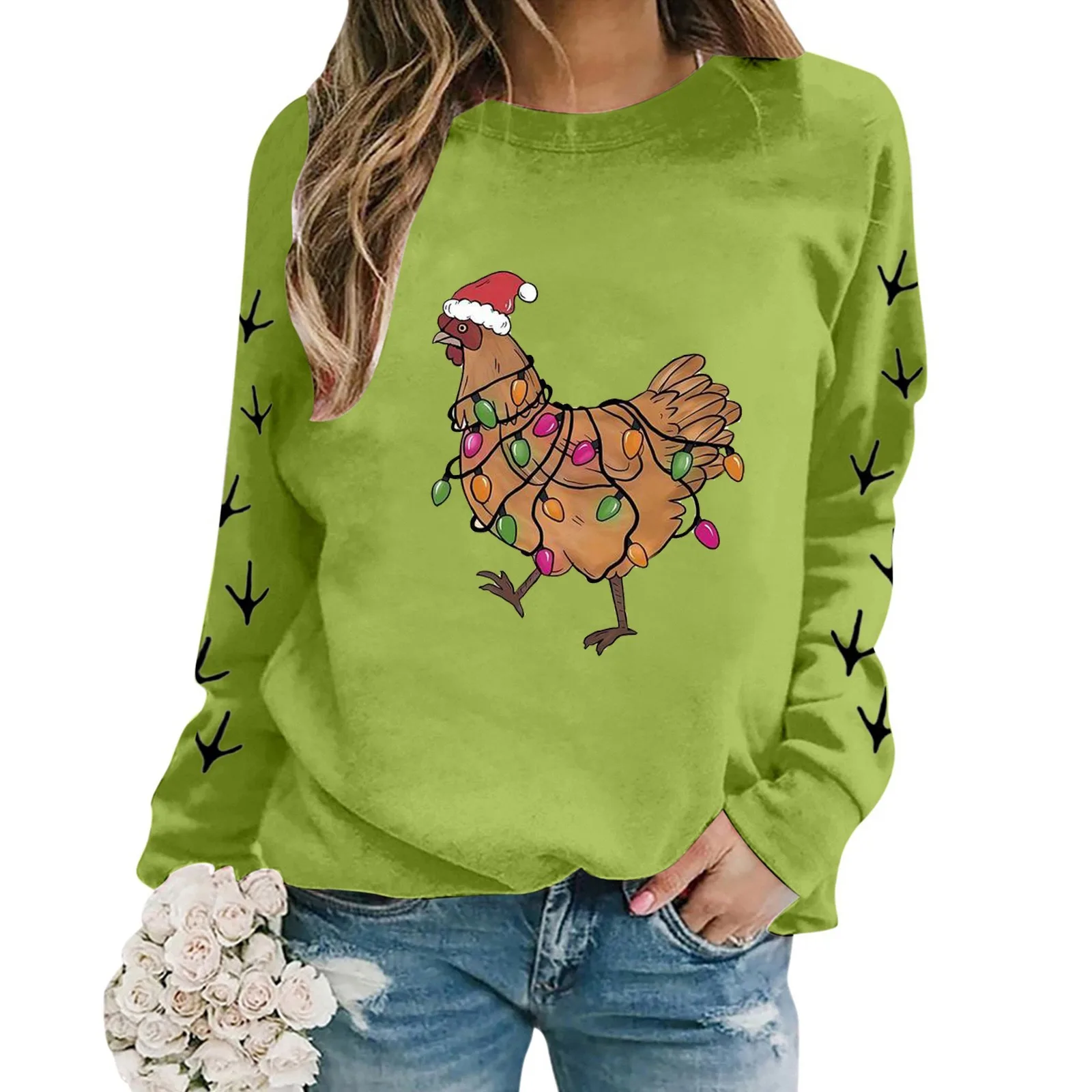 Loose Fit Festive Sweatshirts Christmas Oversize Long Sleeve Pullover Crewneck Chicken Printed Lightweight Hoodies Women