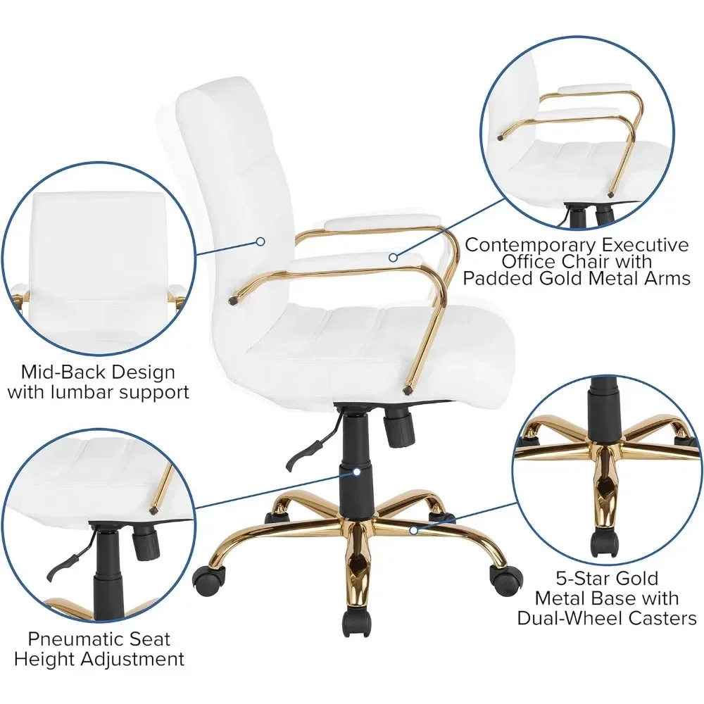 For Whitney Mid-Back Desk Chair - White LeatherSoft Executive Swivel Office Chair with Gold Frame - Swivel Arm Chair