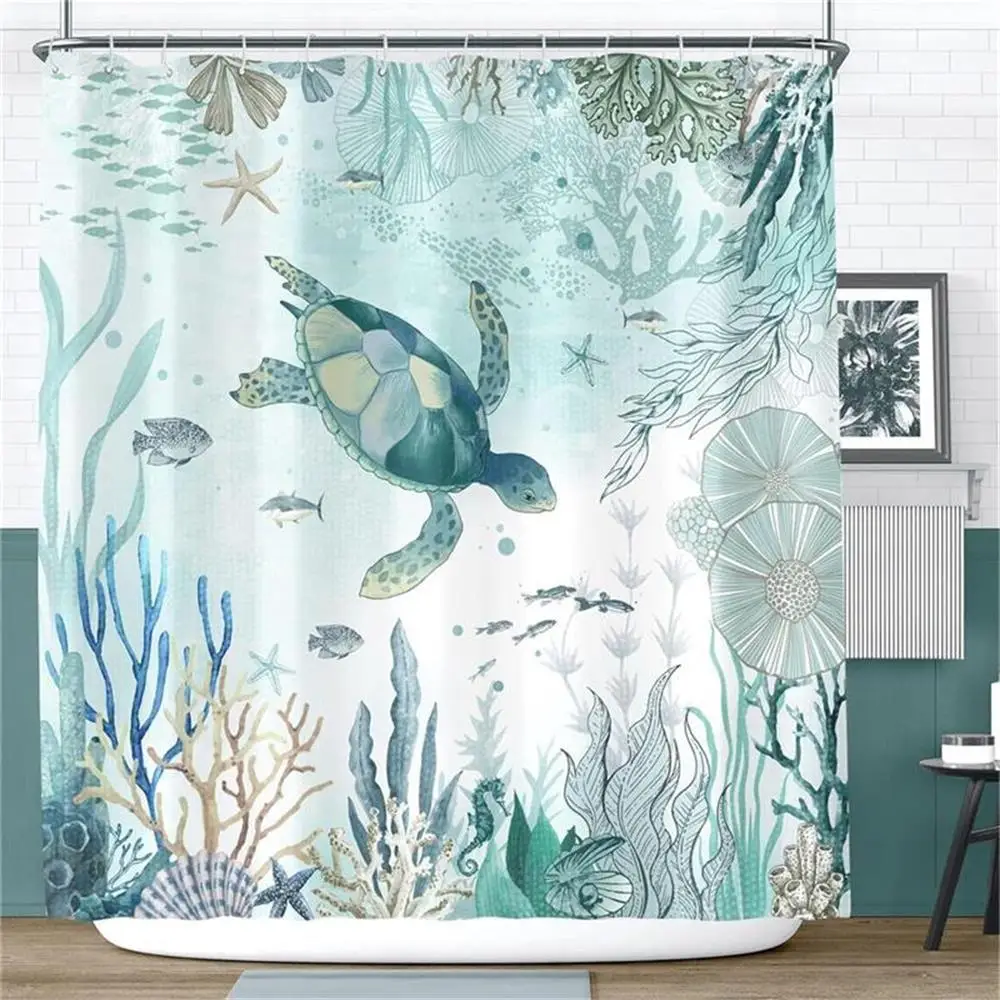 

Ocean Sea Turtle Shower Curtains Fish Coral Starfish Shell Seaweed Watercolour Art Bathroom Curtain Fabric Home Decor with Hooks