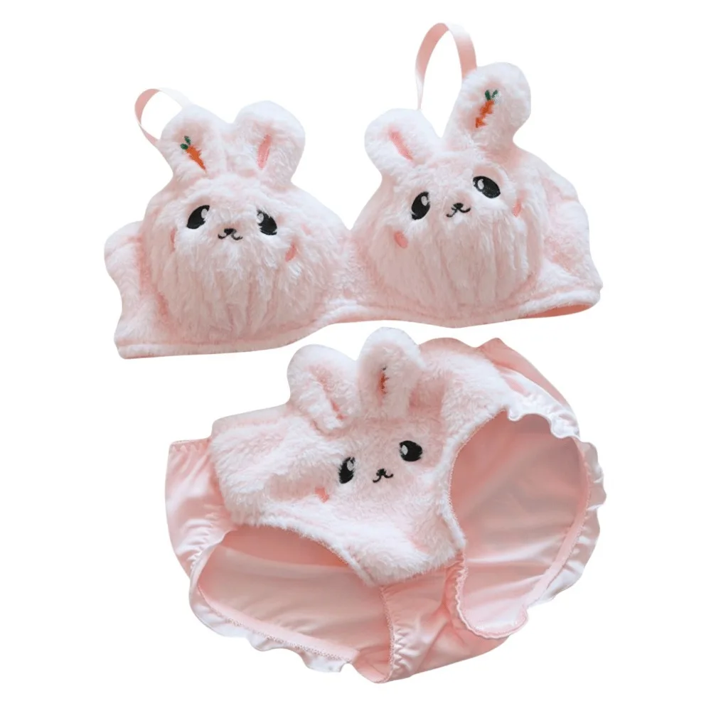 

Fashion Rabbit Ears Plush Rabbit Bra Low Waist Ruffle Sweet Lingerie Set Wireless Push Up Women Underwear Set Fall/Winter