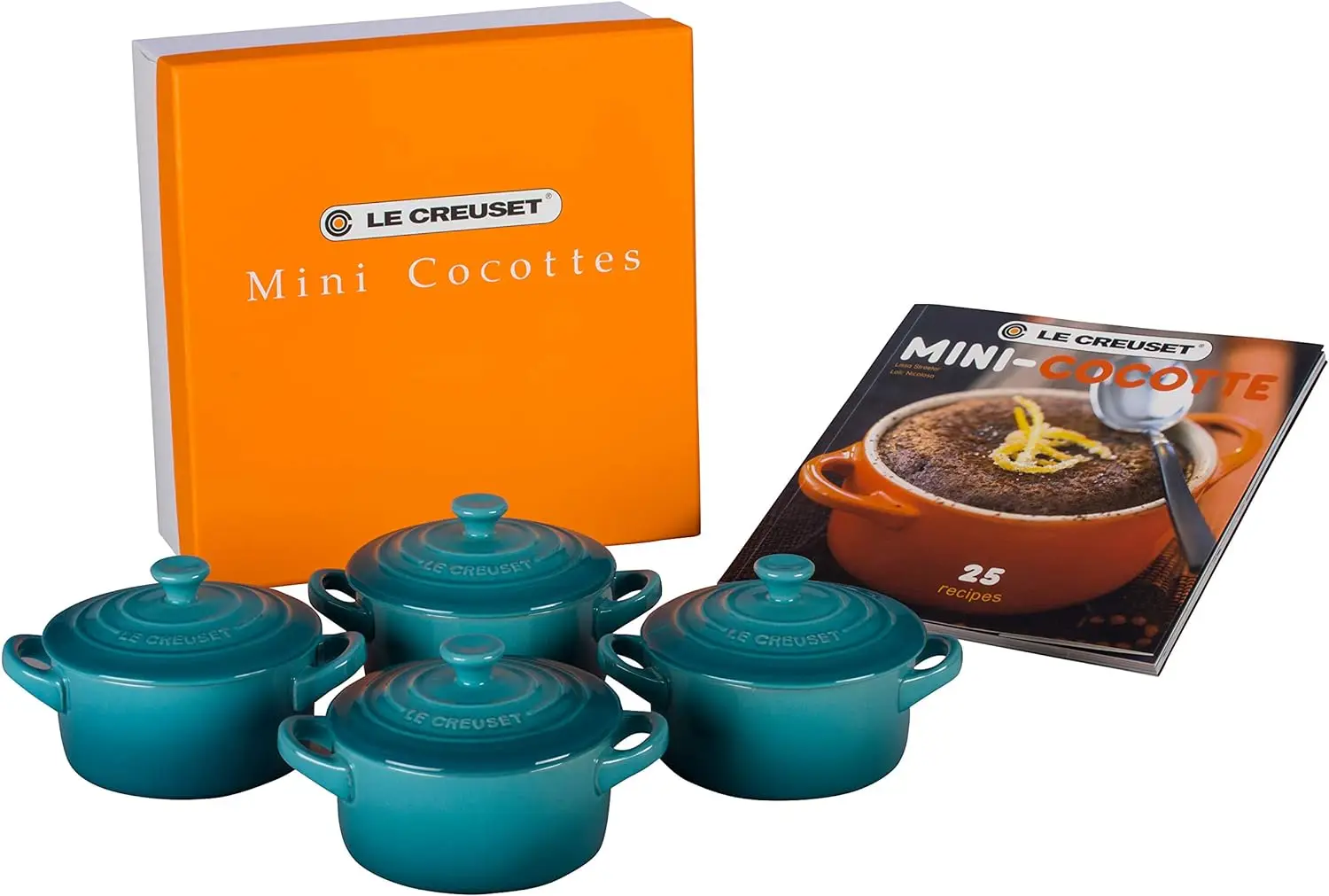 Le Creuset Stoneware Set of 4 Mini Cocottes with Cookbook, 8 oz. each, Caribbean