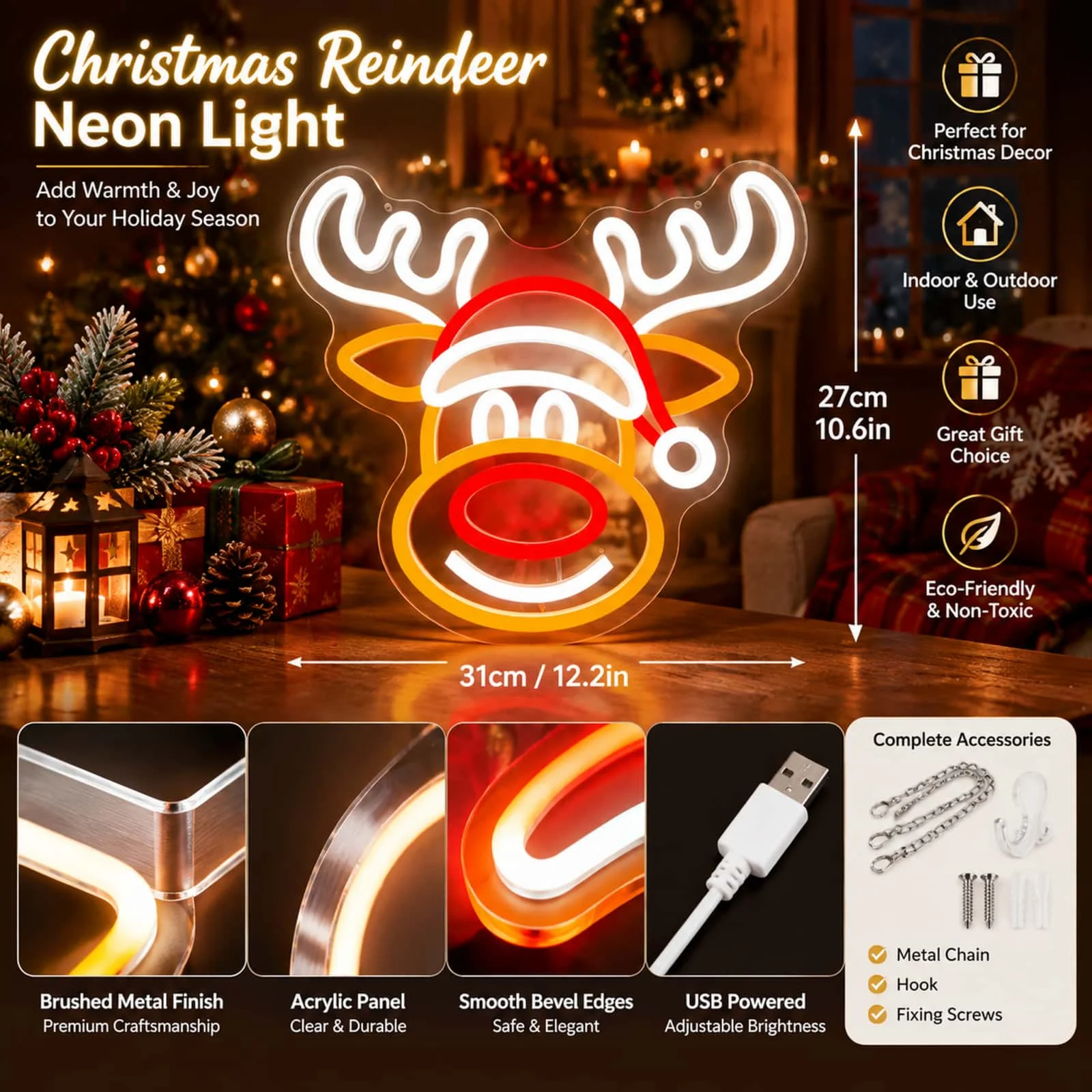 Christmas Reindeer Neon Sign LED Light with Santa Hat Red Nose Rudolph Style Christmas Decor for Home Shop Window Wall Xmas Party Decorations Gift